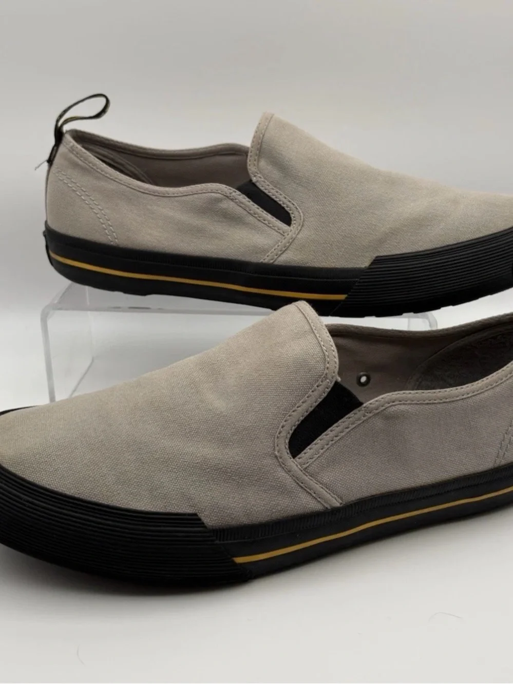 Dr. Martens Beige Canvas Slip-On Loafers with Black Sole and Gold Stripe